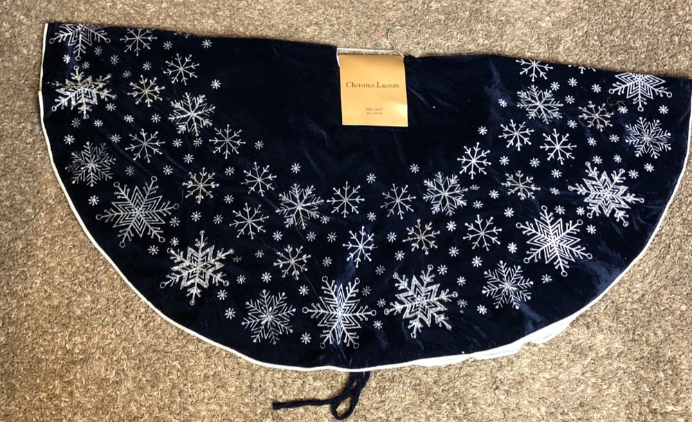 Christian Lacroix Christmas Tree Shirt 52” Navy with Silver Snowflakes Beaded